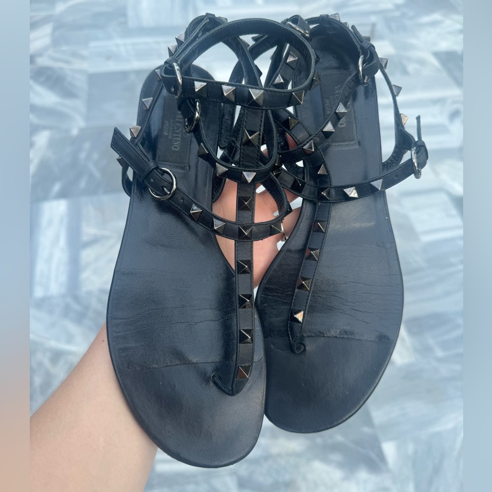 Valentino Black Noir Leather Rockstud Gladiator Sandals